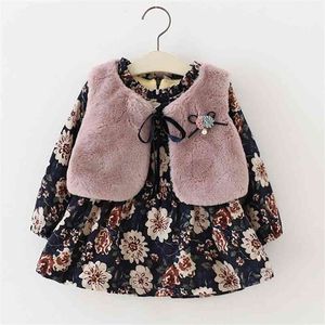 Girls Suit Children'S Clothing Autumn And Winter Fur Vest+Princess Party Flowers Velvet Dress 2pcs Warm Baby Kids Girl Clothes 210625