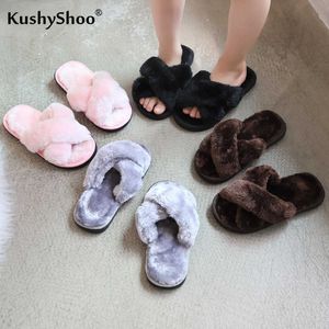 KushyShoo Kinder Pelzige Hausschuhe Winter Kinderhaus Koreanische Mädchen Indoor Warme Baumwolle Baby Pelz Rutschen 210712
