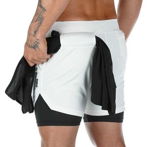 Dwuwarstwowa warstwa Szorty Jogger Mężczyźni 2 w 1 Krótkie spodnie Siłownie Fitness Wbudowany Kieszonkowy Bermuda Szybkie Suche Plaża Spodenki Spodnie dresowe X0705