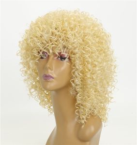 Wholesale blonde afro wig human hair resale online - 15 inches Blonde Afro Kinky Curly Synthetic Wig HighTemperature Fiber Pelucas Simulation Human Hair Wigs WS642M