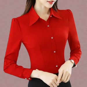 Korean Style Summer Long Sleeve Blouse for Women - Elegant Red Button-Down Shirt for Work