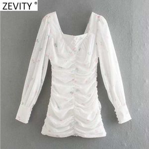 Zevity Women Sweet Floral版印刷プリーツスリムヒップパッケージドレスPrairieシックレディースランタンスリーブバックジッパーvestido DS4971 210603