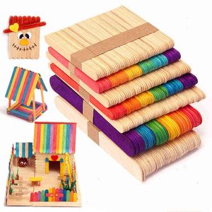50pc Hot 50Pcs Wooden Popsicle Sticks Natural Wood Ice Cream Sticks Kids Toys DIY House Hand Crafts Art Ice Cream Lolly Cake Tools W220301