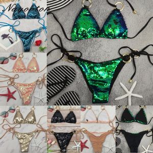 Nayooton kvinnor glänsande sequin triangel bikini set sexig sträng beachwear cross high neck halter baddräkt låg midja baddräkt 210305