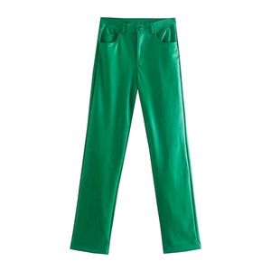 Women Green PU Leather Pants Zipper Female Autumn Winter Pencil Trousers 211115
