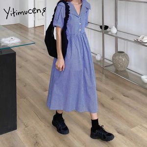 Yitimuceng xadrez vestidos para mulheres verão coreano moda lace up botons Midi vestido azul preto estilo preta estilo sundress 210601