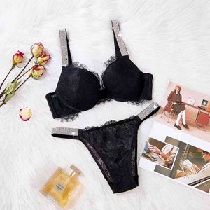 Sexy mulheres lace 2 pcs empurrar sutiã sólido set strass carta dois pedaços íntimos terno elegante senhoras lingerie underwear x0526