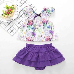 Yaz Bebek Tulum Giysileri Kolsuz Slash Boyun Baskı Çiçek Pantolon Etek Bebek Kız Kostüm 1-6 T 210629