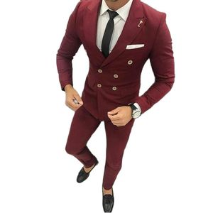 Slim Fits Double Breasted Groom Tuxedos Man Work Business Suit 2 Piece Coat Trousers Set Prom Dress (Jacket+Pants+Tie) W:1238