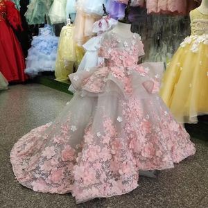 Real imagem flor meninas vestido bebê menina roupas laço 3d flores applique grânulos puffy tulle crianças vestido de aniversário feito sob encomenda