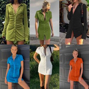 Women Elegant Short Sleeve Skinny Mini Dress Summer Turn-Down Collar Ruched Shirt Dress Green Blue Slim Party Dresses Vestido X0629