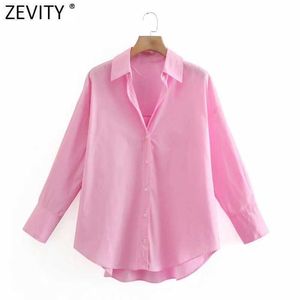 Zevity Donna Simply Candy COlor Camicie popeline monopetto Office Lady Camicetta manica lunga Roupas Chic Chemise Top LS9114 210603