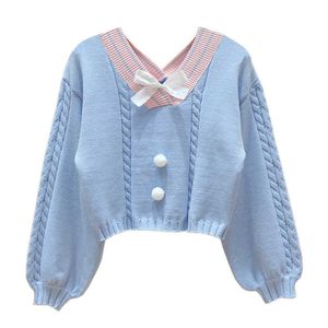 Корейский стиль белый вязаный свитер женщин сладкий V шеи с бантом Винтаж пуловер Femme с длинным рукавом вязание вязание вязаный урожай розовый джемпер 210610