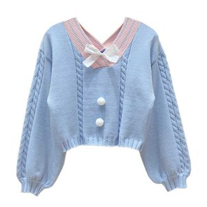 Estilo coreano Branco Camisola de malha Mulheres Doce V Pescoço com Bow Vintage Pullover Femme Manga Longa Knitwear Crop Top Pink Jumper 210610