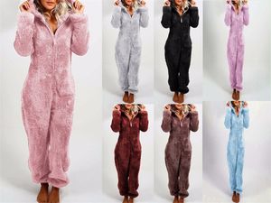 Damen-Nachtwäsche, Damen-Overall, einteiliger Pyjama für Damen, mit Kapuze, Winter-Herbst-Korallen-Fleece, warm, süß, lang, Homewear