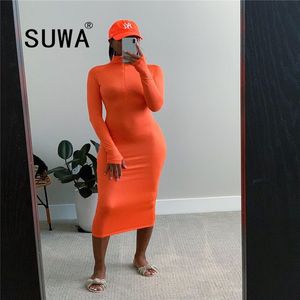 Product Orange Dresses For Women Holiday Clothing Zipper High Waist Long Sleeve Bodycon Party Club Sexy 210525