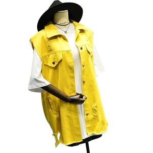 黄色大サイズノースリーブジャケット女性黒デニムベスト韓国ルースジーンズコートアシンメトリーホール女性ホワイトカーディガンアウトウェア211206
