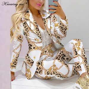 Women's Two Piece Pants Office Lady Bussiness Suit Set Women Autumn Printed Formal Jacket Coat & Trousers Female Blazer Outfit