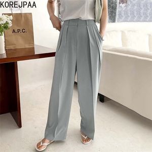 Korejpaa mulheres calças verão coreia chique temperamento alta cintura plissada design solto ocasional drapeamento reto largamente terno pant 211112