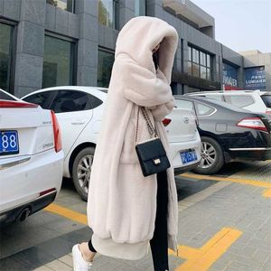 Höst Vinter Faux Fur Coat Kvinnor Casual Luxury Long Oversize Loose Hooded Mane Fur Jacka Kvinna Tjock Varm Plush Outwear 211007