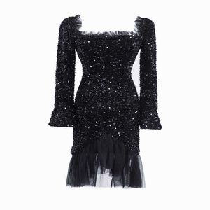 PERHAPS U Sexy Tight Square Collar Pleated Sequined Mesh Stitching Dress Flared Sleeves Mermaid Party Dress Sequin Dress D3025 210529