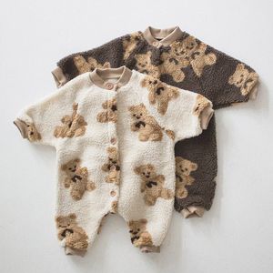 冬の厚い暖かいベビーロンパースベアプリント幼児男の子ジャンプスーツシングルブレストガール服フリース赤ちゃんの赤ちゃんアウトスーツ210226