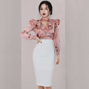 Elegant Two Piece Set Stand Neck Ruffles Floral Print Pullovers Blouse And High Waist White Skirt Office Ladies 2 210529