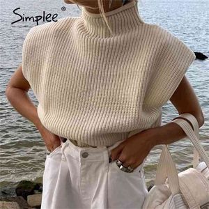 Casual High Neck Sleeveles Pullover Weste mit Schulterpolstern gestrickte Pullover Mode Herbst Winter Jumper Tops 210806