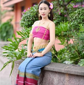 Yunnan Stage Wear Tailândia Vestuário étnico tradicional para mulheres sem mangas sutiã saia estilo tailandês clube de reempremer roupas dai traje