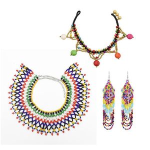 Earrings & Necklace Bohemian Ethnic Style Fashion Charm Jewelry Sets African Tribal Colorful Resin Bead Long Tassel Choker Anklet