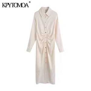 KPYTOMOA Women 2021 Fashion Soft Touch Pleated Midi Shirt Dress Vintage Long Sleeve Button-up Female Dresses Vestidos Mujer G1214