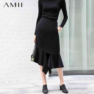 Minimalism Autumn Solid Women Skirt Fashion Causal High Waist Irregular Hem Knee-length Female 11870184 210527