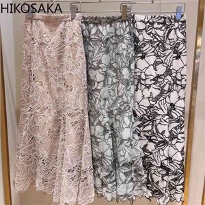 Elegant Lace Hook Flower Hollow Out Trumpet Skirt Woman Japan Style Temperament Mermaid Faldas Chic High Waist Slim Long Skirts 210629