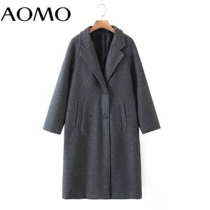 AOMO Women Winter Gray Thick Woolen Coats With Button Loose Long Sleeves Pocket Ladies Elegant OverCoat 2Z18A 211019