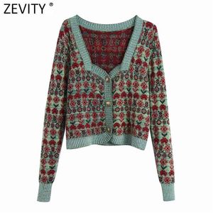 Zevity Mulheres Vintage Cor Correspondência de Retalhos Impressão de Tricô Camisola Feminino Manga Longa Chic Cardigans Retro Kimono Tops S549 210914