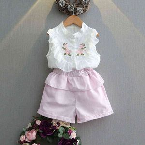 Gooporson Yaz Çocuk Giyim Çiçek Nakış Kolsuz Gömlek Shorts 2 Adet Küçük Kızlar Şifon Giyim Seti Moda Kıyafetleri G220310