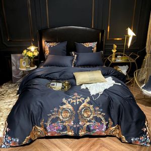 高級エジプトのコットンネイビーブルー寝具セットプレミアム刺繍usクイーンキングサイズ4/6ピース布団カバーベッドシーツピローシャムC0223