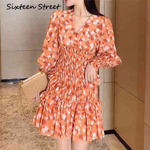 Woman's Dress V-neck Printed Polka Dot Orange Lady Vestidos High Waist Runway Design Ruffles Female Spring Autumn 210603