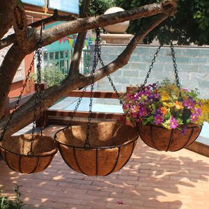 20/25/30/35/40cm Flower Hanging Basket Wrought Coconut Flowerpot Rattan Decorative Pots Wall Iron Garden Planter Balcony Deco Y0910