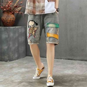 Summer Arts Style Women Elastic Waist Vintage Denim Shorts Jeans Feminino Patchwork Embroidery Ripped Plus Size S839 210708