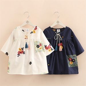 Spring Autumn New Arrival 2-12T Children Kids Clothing Blue White Color Long Tops Baby Girls Tassels Loose Blouses Shirt 210306