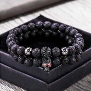 Beaded, Strands 8mm Black Lava Stone Beads Bracelet Set Skull Men Bracelets For Women Jewellery Pulsera Hombre Armband Accessories Bileklik