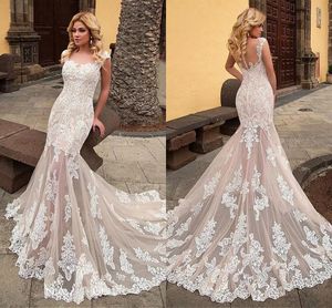 Trumpet See Through Tulle Skirt Mermaid Wedding Gowns 2022 Sheer Neck Cap Sleeves Illusion Buttons Back Bridal Dresses Sweep Train Vestidos De Novia Plus Size