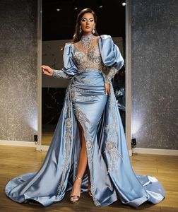 Sky Blue Arabic Mermaid Prom Formalne sukienki z odpinanym pociągiem ASO EBI Luksusowe koronki Zroszony Długi Rękaw Suknia Wieczorowa