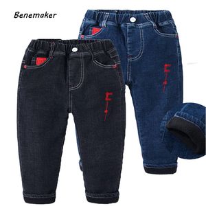 Benemaker barn jeans fleece vinter jean byxor för pojke flicka denim varm kläder baby barn byxor casual tjockna byxor jh143 210303