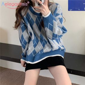 AELEGANTMIS Vintage Argyle Pulôver Mulheres Geométricas Padrão O Pescoço Camisolas De Malha Casuais Soltos Manta Jumpers Mujer Coreano Chique 210607