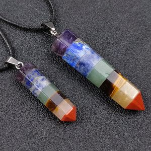 7 Chakra Hexagonal Cone Pendant Assorted Mixed Gem Stone Amethyst Tiger Eye Yoga Healing Reiki Energy Column Pendulum Necklace