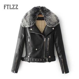 streetwear style women faux leahter jacket fashion autumn winter with fur collar warn wool liner coat outerwear 210525