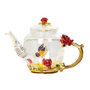 Rosa Vermelha Esmalte Cristal Flor De Vidro Bule para E Frio Bebidas Home Drinkware Escritório Água Chaleira Chá Conjunto De Café Pot 210813