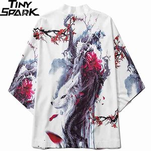 Japońska Kimono Kurtka Wróżka White Harajuku Hip Hop Mężczyźni Japonia Streetwear Lato Cienka Odzież Luźna 210811